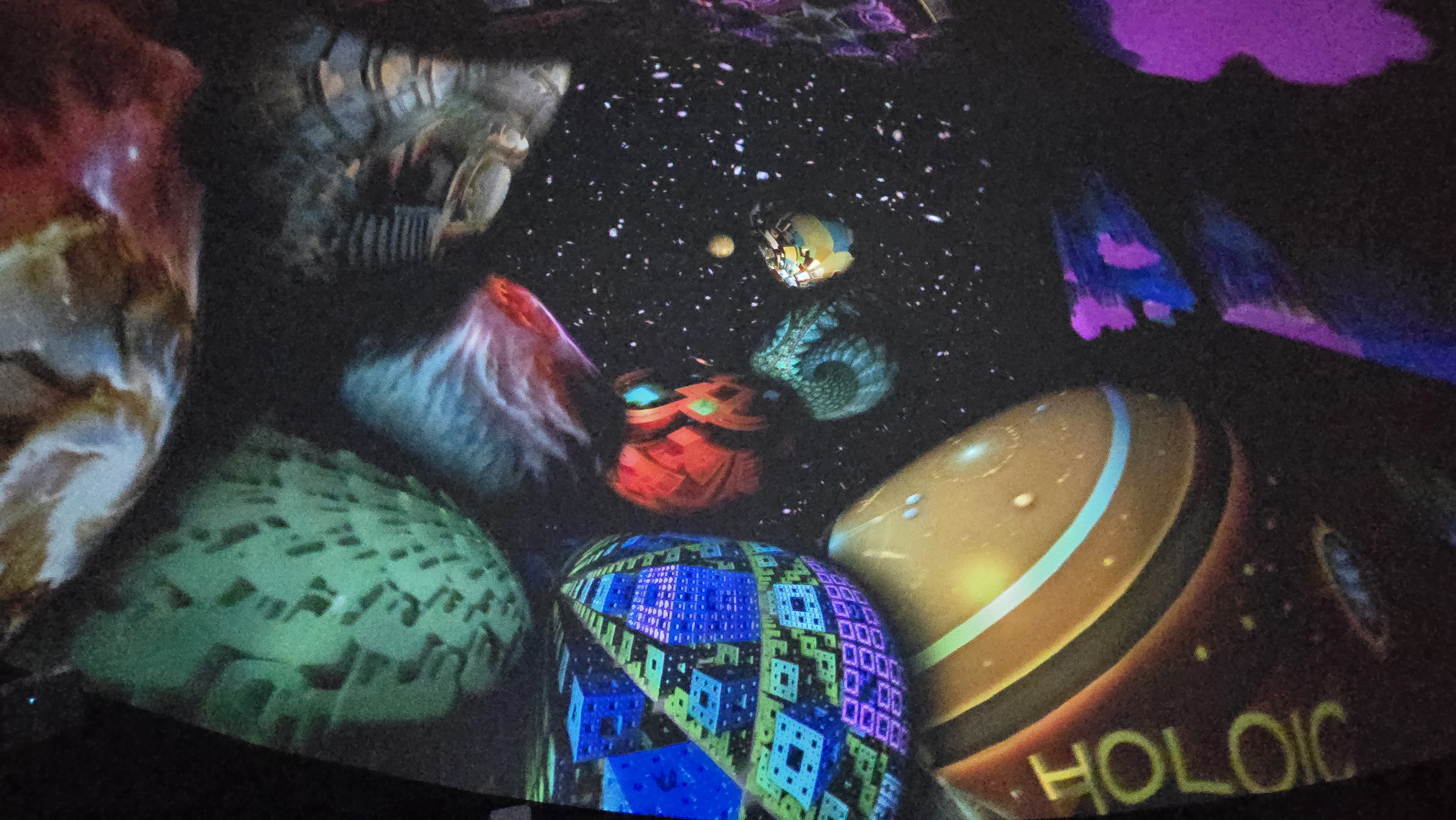 Dome projection of cosmic scene with fractal planets and Saturn