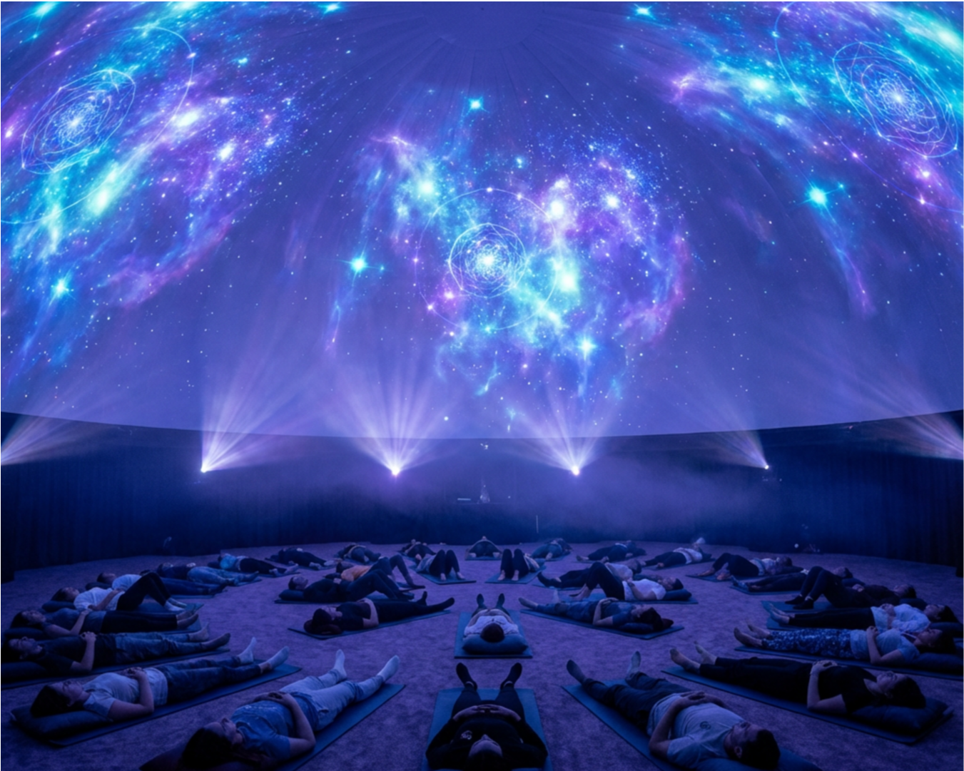 Full dome with audience lying on mats under cosmic geometry projections